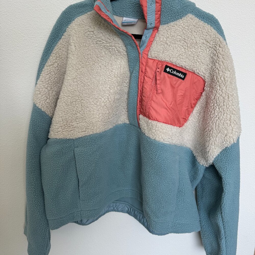 Columbia Women's Lodge Sherpa Pullover, Stone Blue & Dark Stone, Size XXL